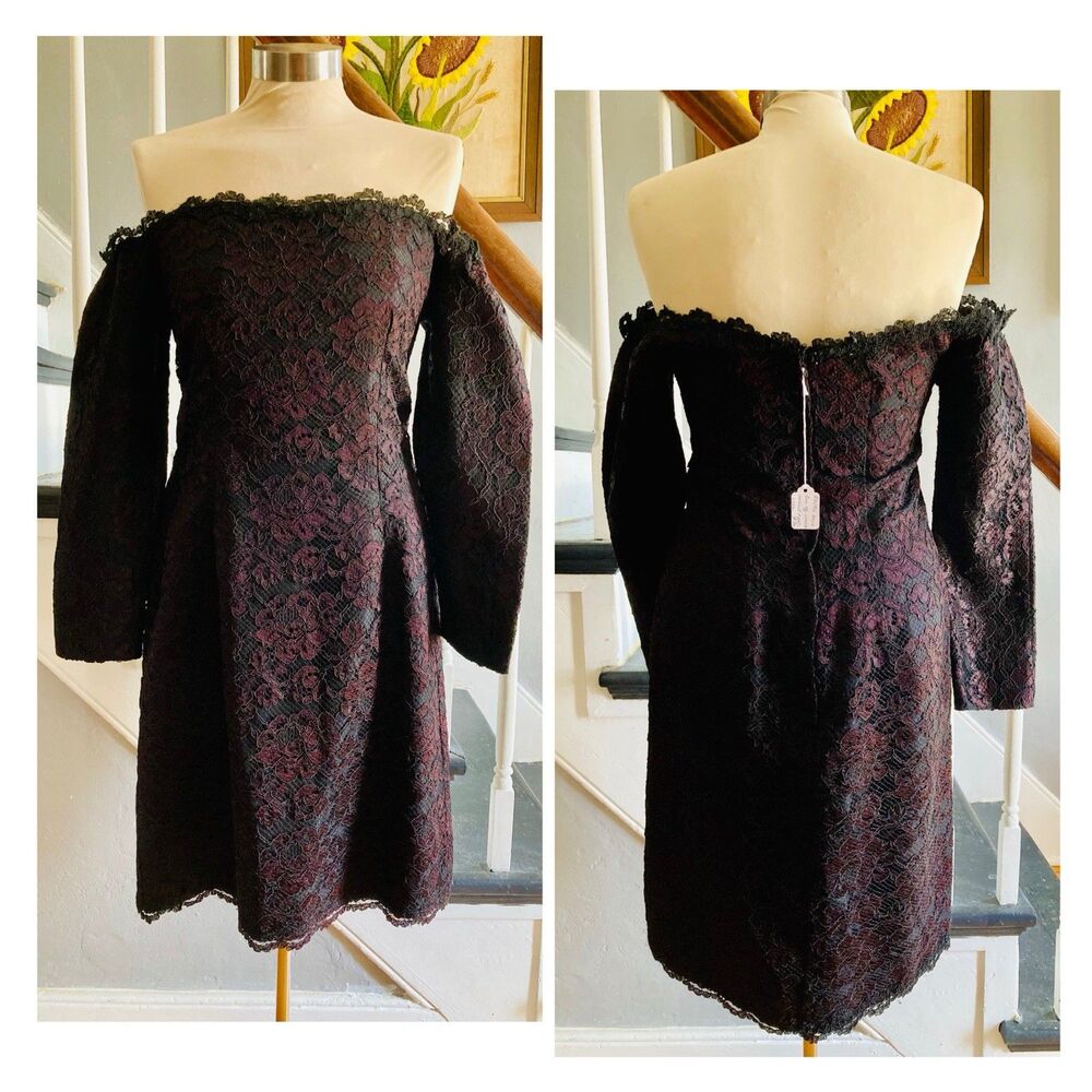 1990s 1980s Sexy Black Lace Wiggle Dress Off Shoulder Strapless Rocker Biker
